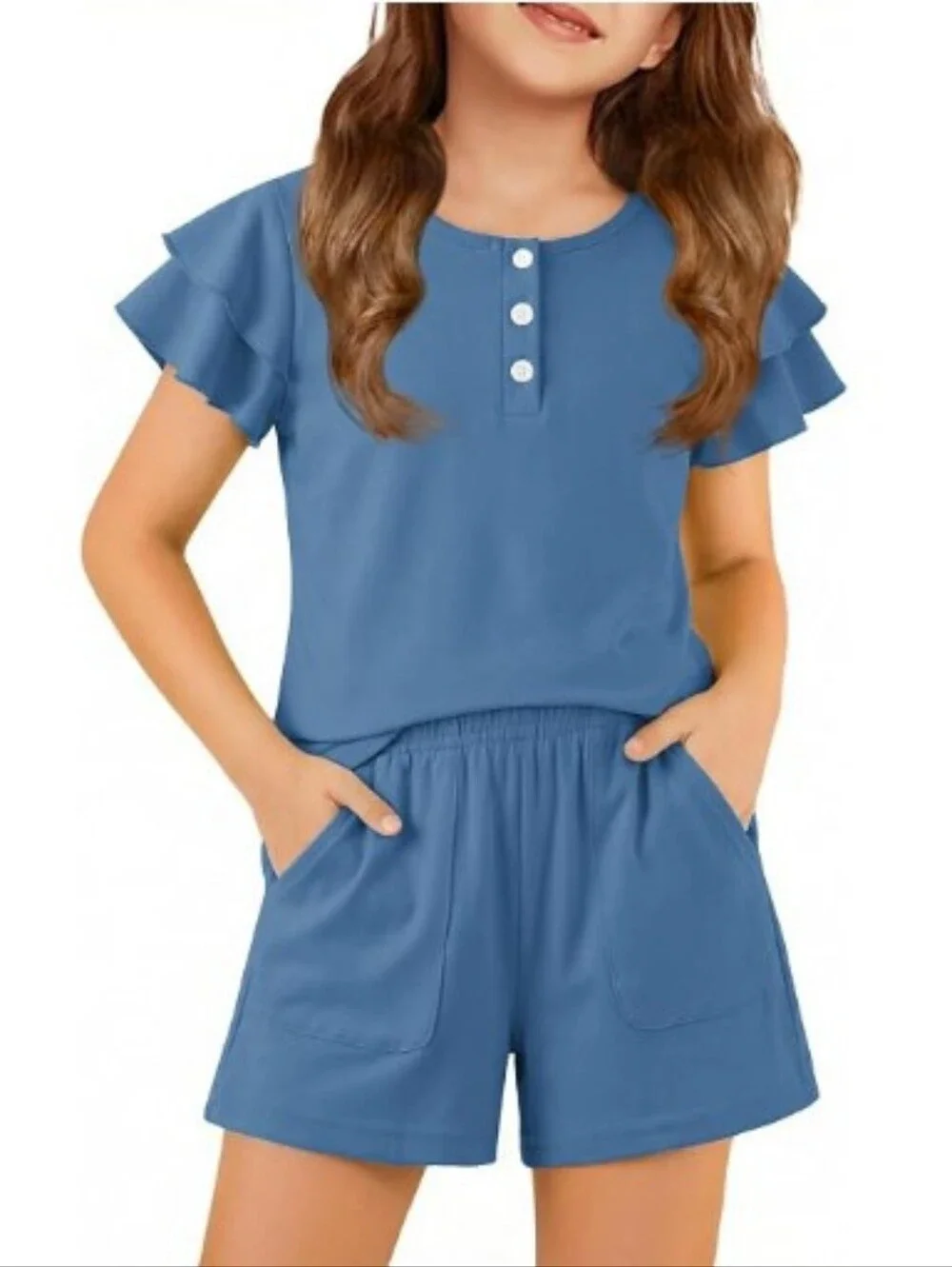 Girls Summer Outfits Ruffle Sleeve Button Down Shirts Shorts Set Blue